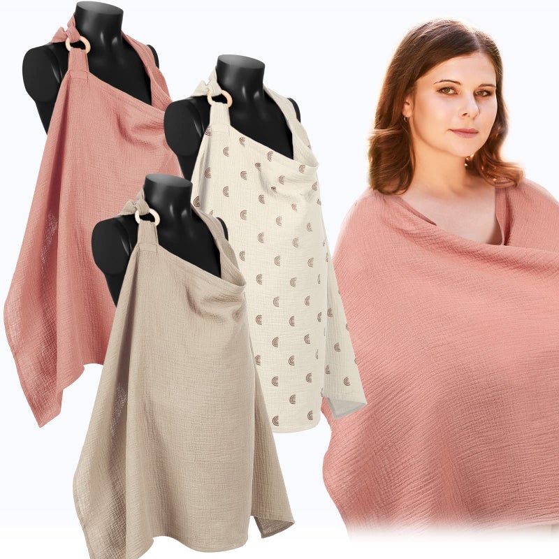Treela 3 Pcs Muslin Cotton Breathable Nursing Cover Multi Use Car Seat Stroller Breastfeeding Cover for Breastfeeding Baby Shower Gifts EssentialsFresh Color