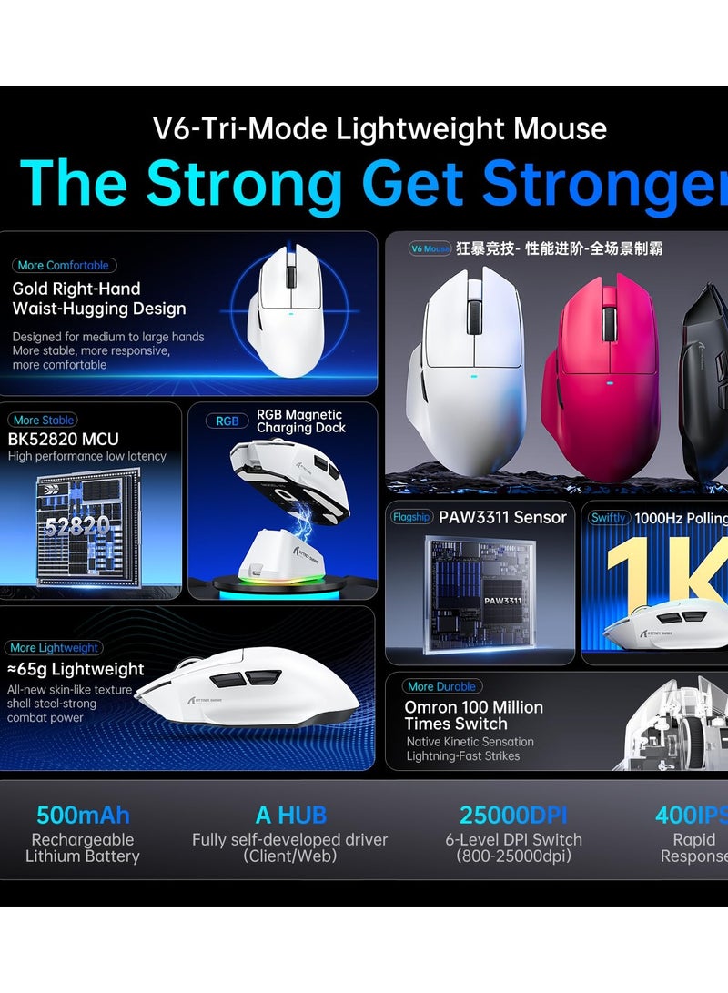هجوم القرش ماوس ألعاب لاسلكي فائق الخفة V6 65 جرام مع قاعدة شحن مغناطيسية RGB، ماوس لاسلكي/سلكي BT/2.4 جيجاهرتز 1K Polling، مستشعر PixArt PAW3311، 25000 نقطة في البوصة، فأرة ألعاب مكتبية لأجهزة الكمبيوتر/ويندوز/ماك (أسود) - Image 3