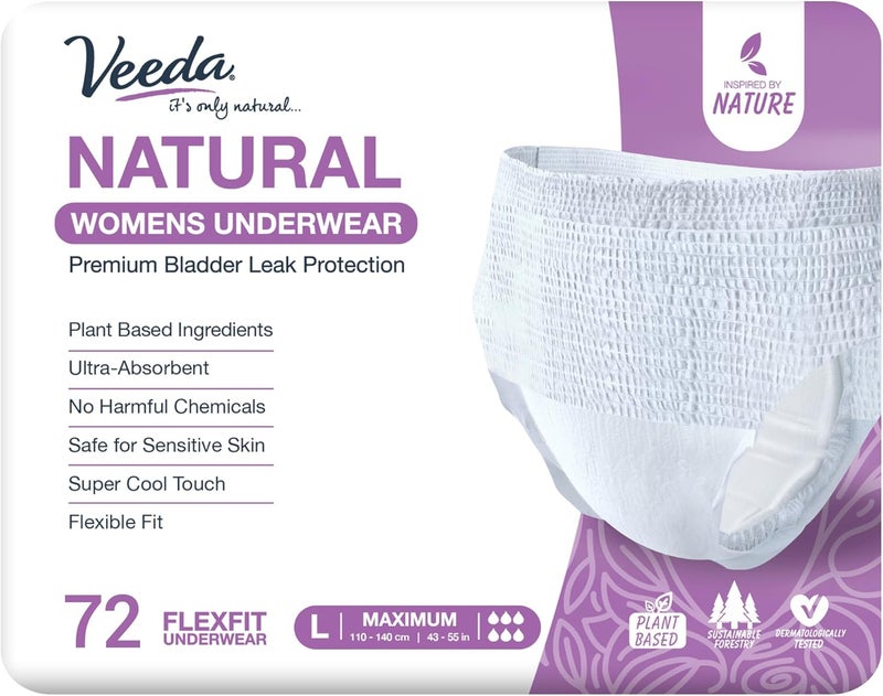 Veeda Veeda Natural Adult Incontinence Underwear for Women - Postpartum Underwear for Bladder Leakage Protection - Disposable Underwear with Maximum Absorbency - Large Size - 72 Count 