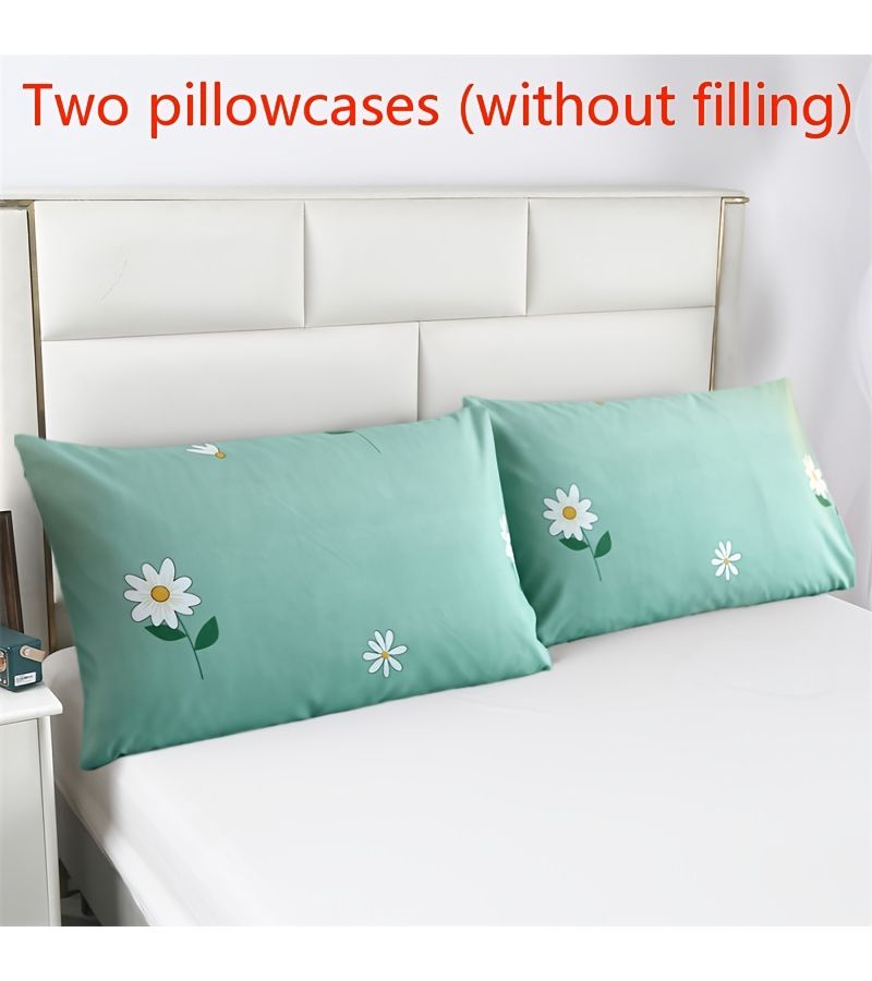 2pcs Queen Size Green Brushed Skin Friendly Plant Print Plaid Floral Geometric Pillowcases Without Pillow Inserts - Image 1