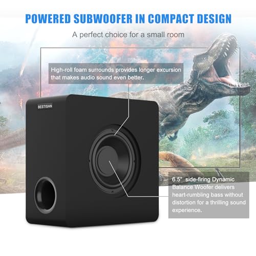 BESTISAN Powered Subwoofer, 6.5'' Side Firing Home Audio Sub, Deep Bass Response Subwoofers, Easy Setup with Home Theater Systems, TV, Speakers, RCA, LFE, AUX Input, High-Level Speaker Input & Output - Image 2