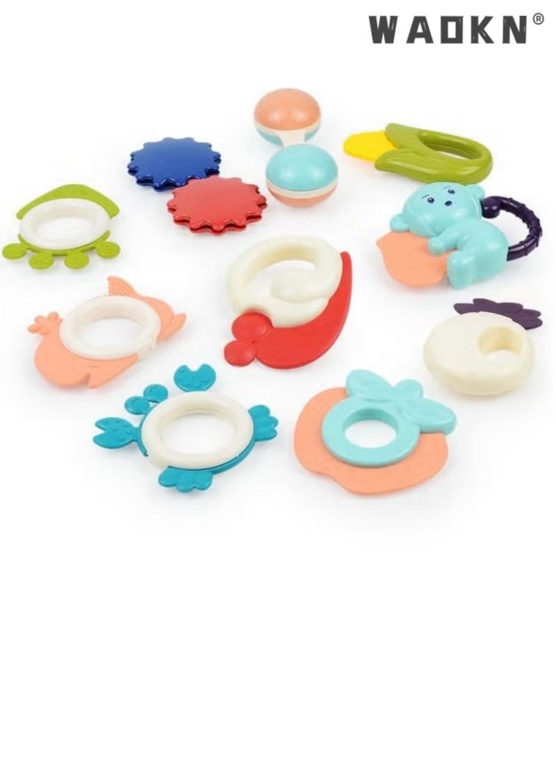WAOKN Baby Teether Toy Rattle for Baby Toys 0-12 Months Plus with Storage Box -11 Pcs BPA Free Soft Silicone Teething Toys Newborn Baby Sensory Toys Gifts 3 6 9 12 Months for Early Educational (11Pcs) 