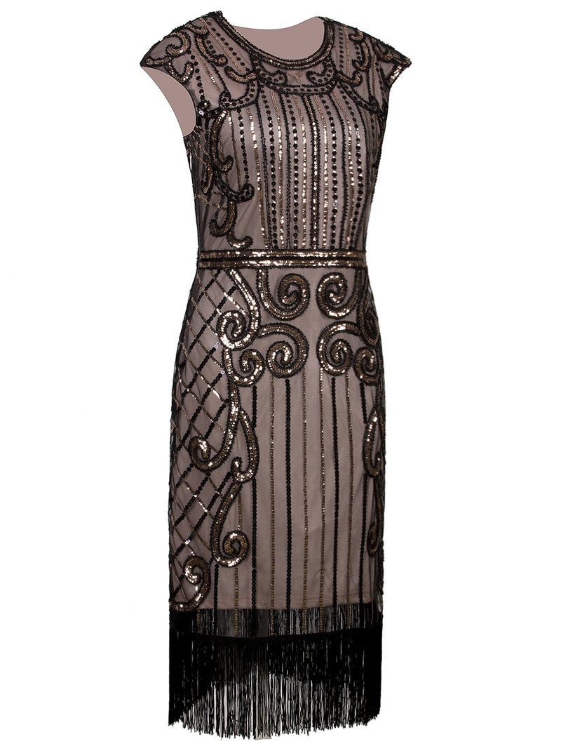 Vijiv 1920s Vintage Inspired Sequin Embellished Fringe Long Gatsby Flapper Dress Black Beige - Image 5