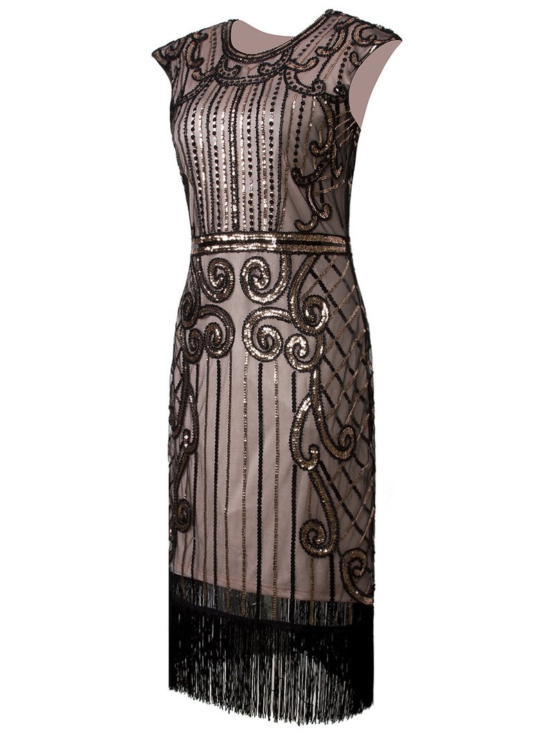 Vijiv 1920s Vintage Inspired Sequin Embellished Fringe Long Gatsby Flapper Dress Black Beige - Image 3