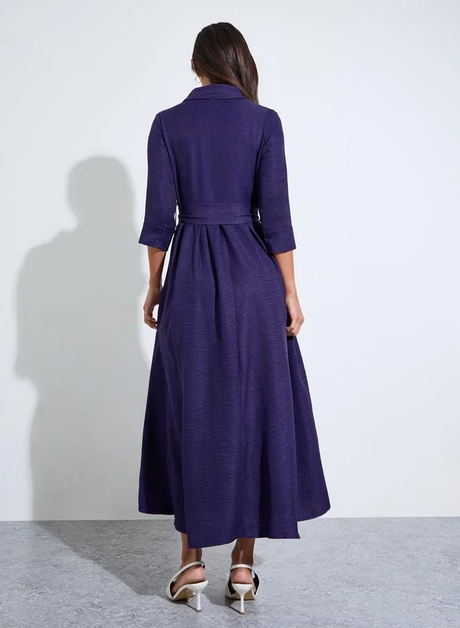 Styli  Purple Solid Tie-Up Waist 3/4 Sleeves Shirt Maxi Dress for Women | Best Price UAE