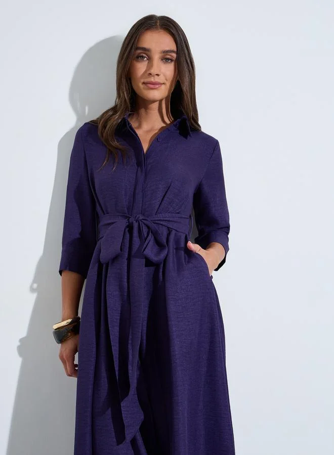 Styli  Purple Solid Tie-Up Waist 3/4 Sleeves Shirt Maxi Dress for Women | Best Price UAE
