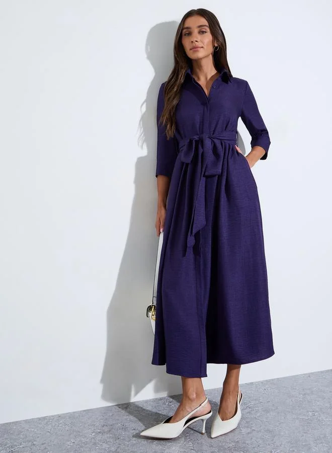 Purple Solid Tie-Up Waist 3/4 Sleeves Shirt Maxi Dress