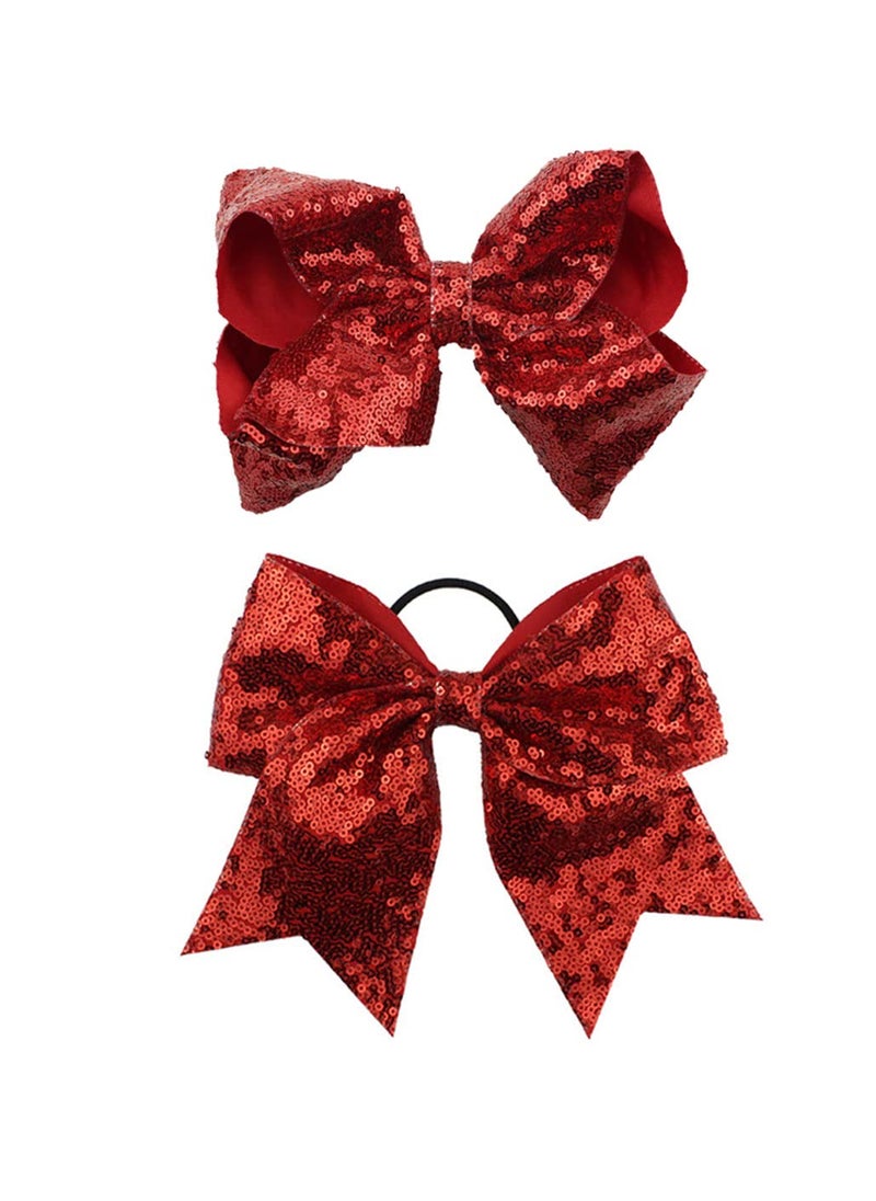 JustMyDress - Girls Cheer Bow Ponytail Holder Big Hair Bow Tie with Glitter Sequins Bowknot JB80 B3Red Set - Image 1