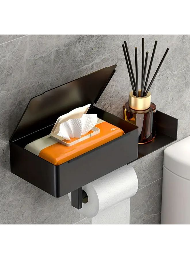 Flat B Style Black Self Adhesive Wall Mounted Toilet Paper Holder With Smartphone Stand No Drill Bathroom Privacy Design For Wet Wipes And Tissues Durable Construction - Image 2