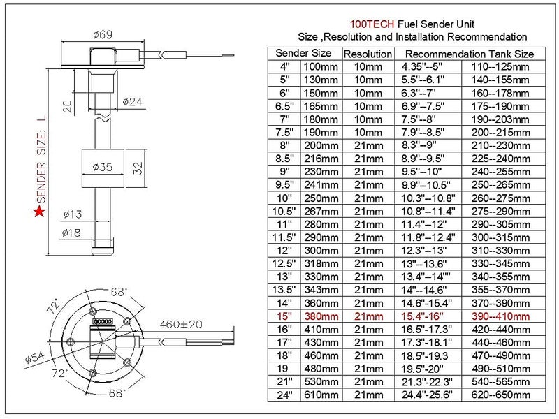 100TECH Stainless Steel Fuel Sending Unit for Marine, Truck, RV - 240-33 Ohms, 15" - Image 4