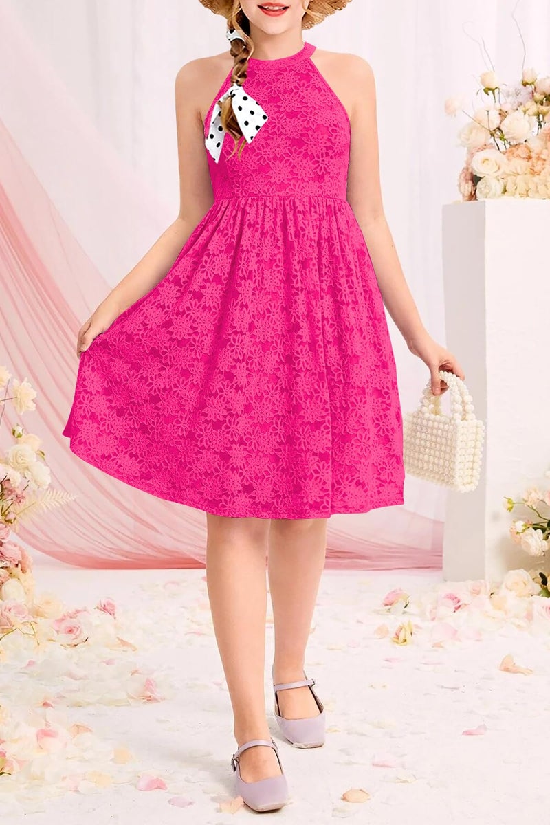 HOSIKA Girls Lace Dress Halter Neck High Waist Holiday Beach Wedding Party Dress Rose Red 6-12 Years - Image 2