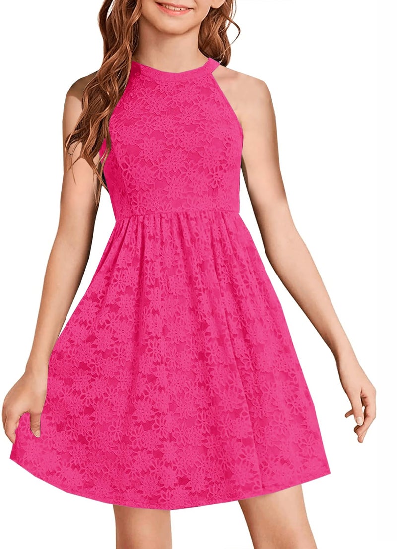 HOSIKA Girls Lace Dress Halter Neck High Waist Holiday Beach Wedding Party Dress Rose Red 6-12 Years - Image 1
