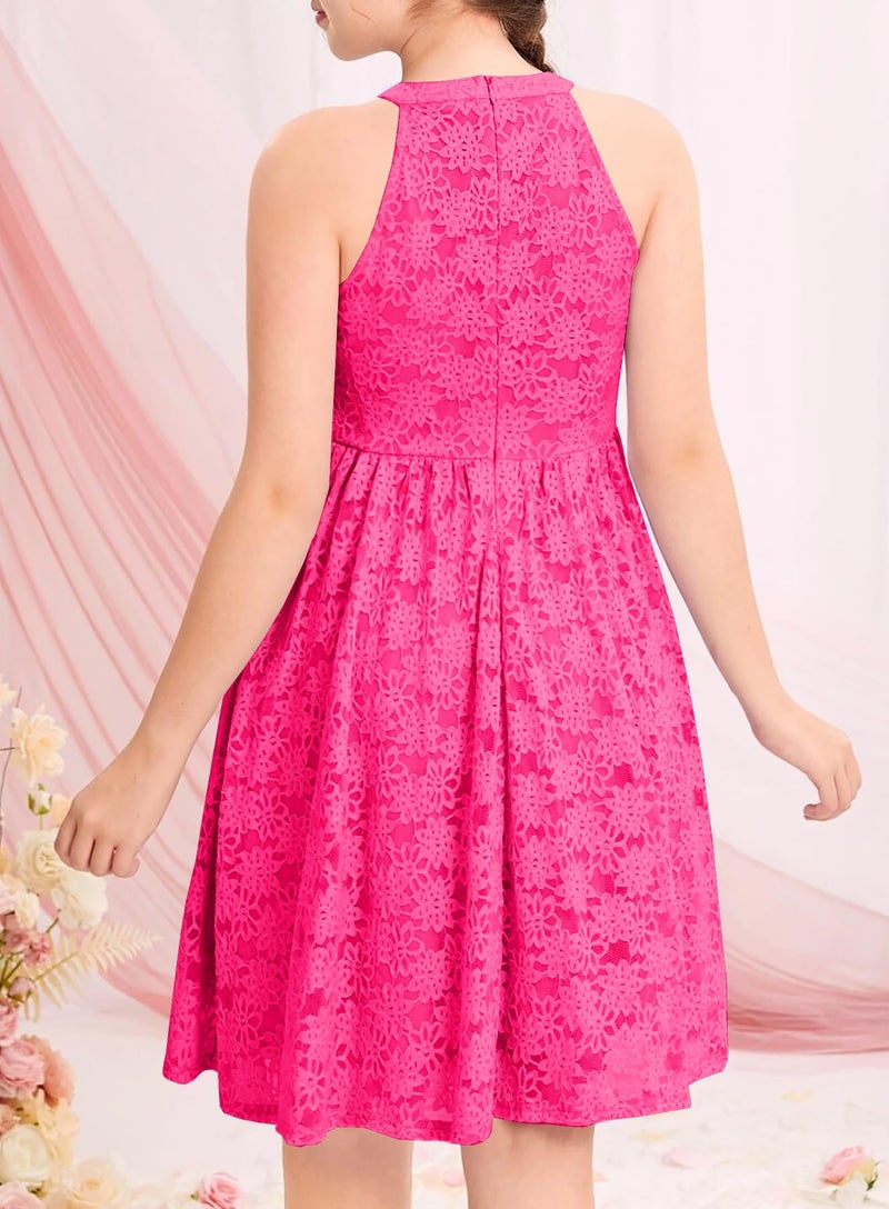 HOSIKA Girls Lace Dress Halter Neck High Waist Holiday Beach Wedding Party Dress Rose Red 6-12 Years - Image 5