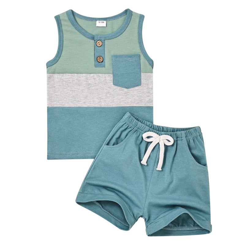 FOCUTEBB Boy Clothes 2 Years Old Toddler Boy Clothes Baby Boys Summer Outfits Sleeveless Patchwork Shirt Tops Shorts Set Summer Boys Set Clothes Set Green 2-3T/100cm - Image 1