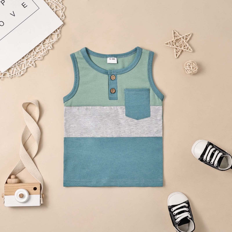 FOCUTEBB Boy Clothes 2 Years Old Toddler Boy Clothes Baby Boys Summer Outfits Sleeveless Patchwork Shirt Tops Shorts Set Summer Boys Set Clothes Set Green 2-3T/100cm - Image 4