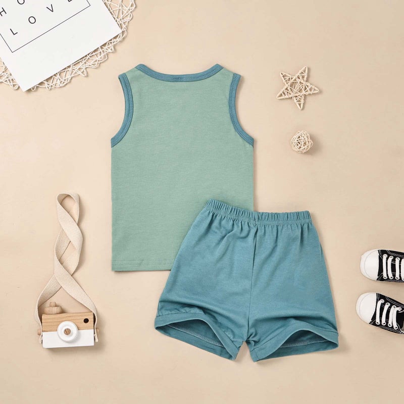 FOCUTEBB Boy Clothes 2 Years Old Toddler Boy Clothes Baby Boys Summer Outfits Sleeveless Patchwork Shirt Tops Shorts Set Summer Boys Set Clothes Set Green 2-3T/100cm - Image 3