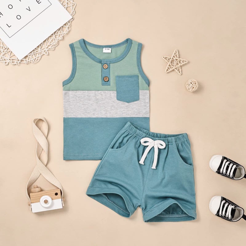 FOCUTEBB Boy Clothes 2 Years Old Toddler Boy Clothes Baby Boys Summer Outfits Sleeveless Patchwork Shirt Tops Shorts Set Summer Boys Set Clothes Set Green 2-3T/100cm - Image 2