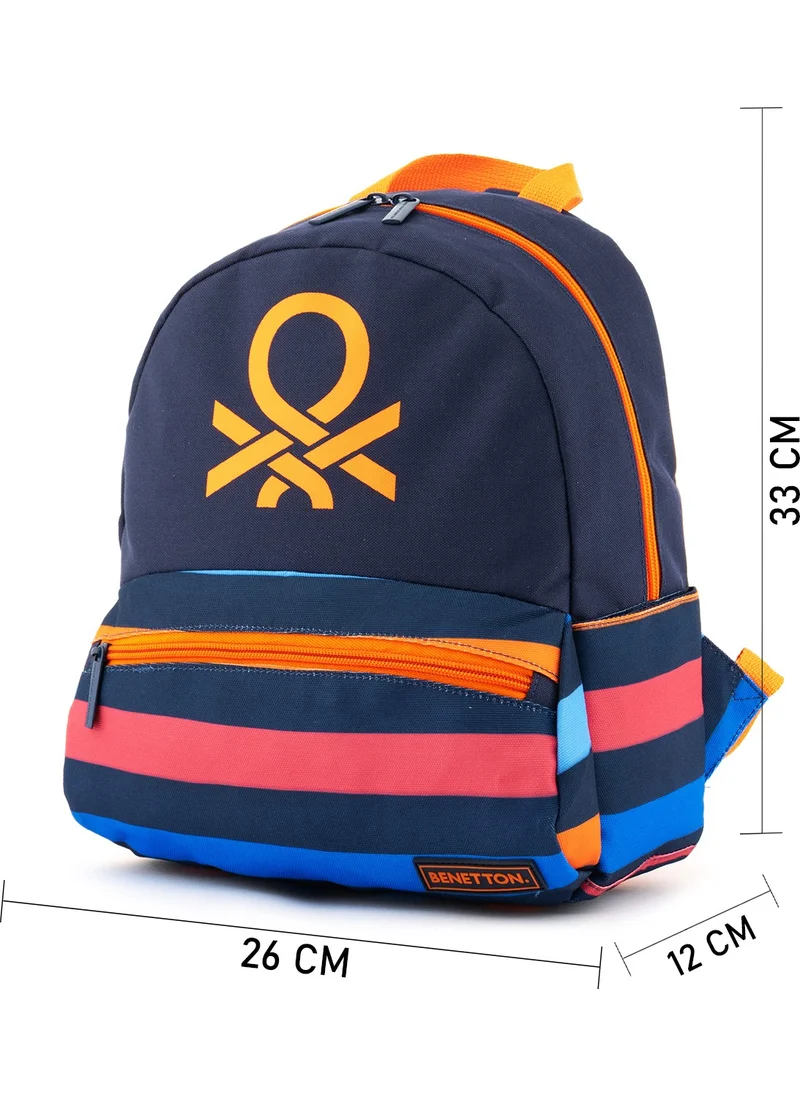 UNITED COLORS OF BENETTON Striped and Iconic Logo Printed Boy Kindergarten Bag