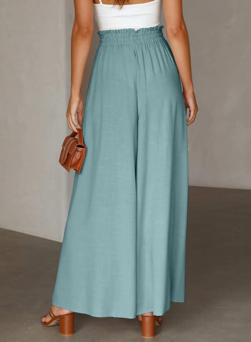 Dokotoo Fall Fashion Wide Leg Pants Women 2026 Summer Solid High Drawstring Waist Pants Jogging Jogger Beach Clothing Sport Office with Side Pockets Sea Green XL - Image 4