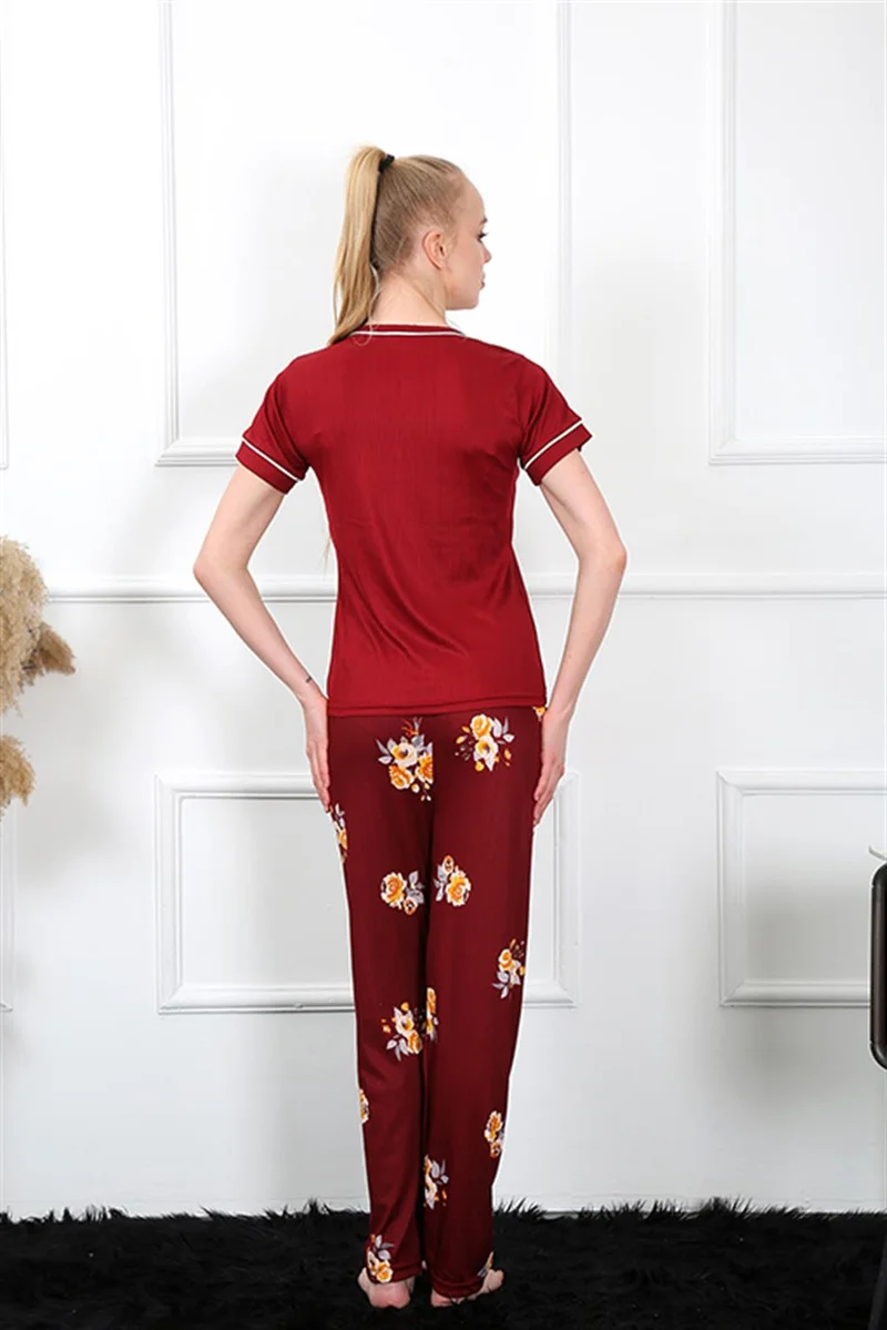 Akbeniz Women's Claret Red Short Sleeve Pajamas Set 20388