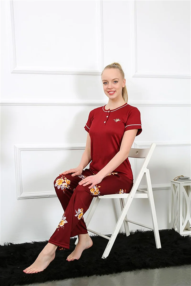 Akbeniz Women's Claret Red Short Sleeve Pajamas Set 20388