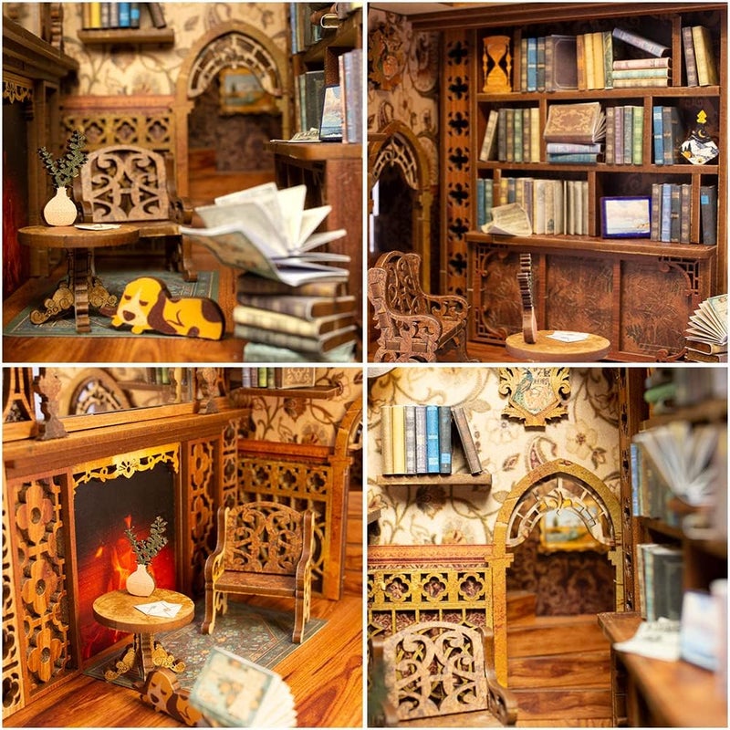 CUTEBEE DIY Book Nook Kit, DIY Dollhouse Booknook Bookshelf Insert Decor Alley, Bookends Model Build-Creativity Kit with LED Light (Eternal Bookstore) - Image 5