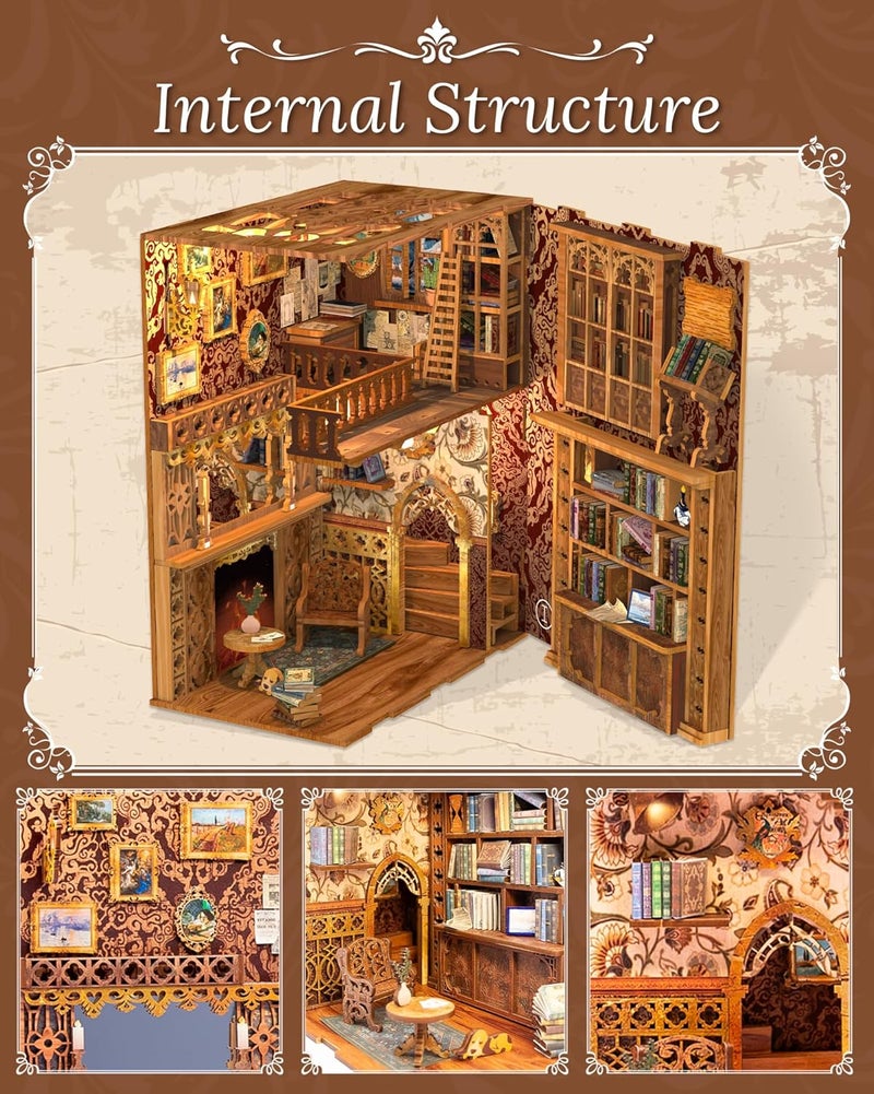CUTEBEE DIY Book Nook Kit, DIY Dollhouse Booknook Bookshelf Insert Decor Alley, Bookends Model Build-Creativity Kit with LED Light (Eternal Bookstore) - Image 3