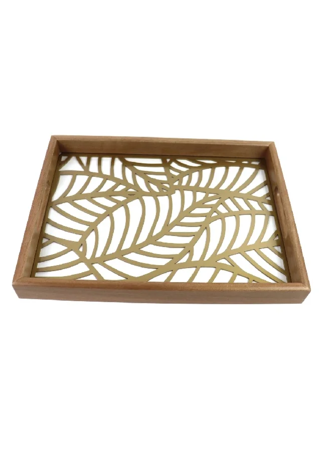 Bien Servi Rectangle Shape Big Leaf Design Wooden Serving Tray Brown And White 38 X 28 X 4 Cm 220539G-L