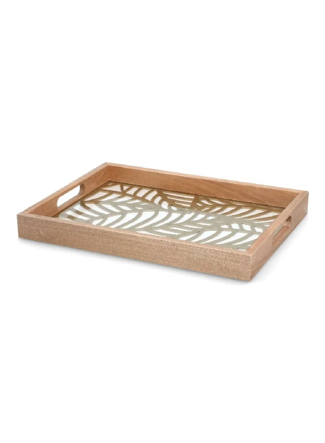 Bien Servi Rectangle Shape Big Leaf Design Wooden Serving Tray Brown And White 38 X 28 X 4 Cm 220539G-L