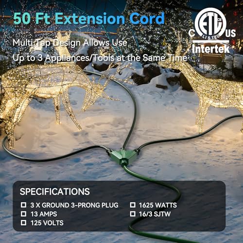 K KASONIC - 50 Ft Extension Cord with 3 Outlets, UL Listed 16/3 SJTW 3-Wire Grounded, 13A 125V 1625W for Indoor/Outdoor Use - Green - Image 2