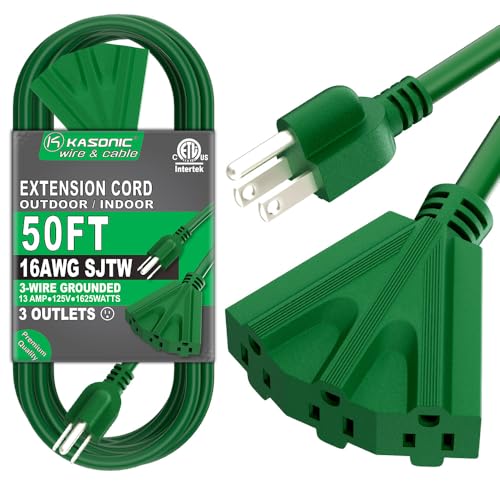 K KASONIC - 50 Ft Extension Cord with 3 Outlets, UL Listed 16/3 SJTW 3-Wire Grounded, 13A 125V 1625W for Indoor/Outdoor Use - Green - Image 1