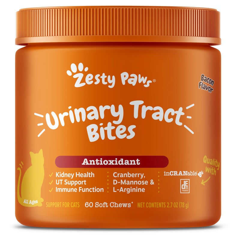 Zesty Paws عضات زستي باوز من التوت البري لصحة الكلى والمسالك البولية للقطط - صحة الكلى والمسالك البولية - مضغ ناعم مع D-مانوز، فيتامين B6 و L-أرجينين - دعم المناعة والأمعاء - لحم مقدد - 60 قطعة - Image 1
