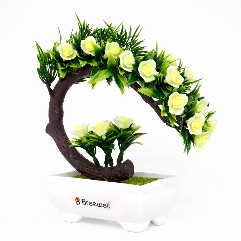 Breewell Artificial Roses Bonsai Flowers with Plastic Pot Green White 1 Piece - Image 1
