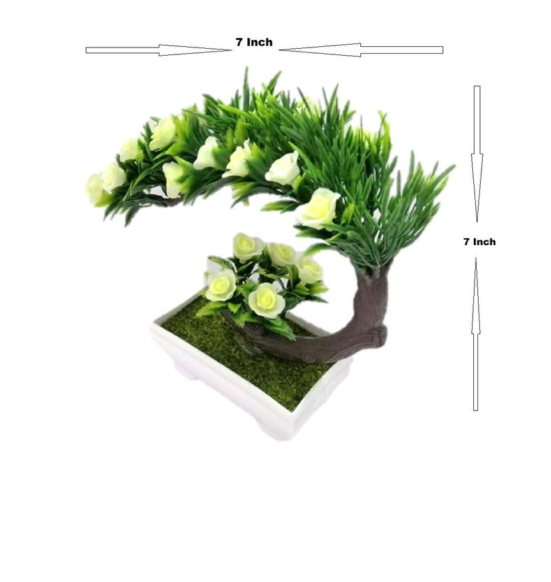 Breewell Artificial Roses Bonsai Flowers with Plastic Pot Green White 1 Piece - Image 2