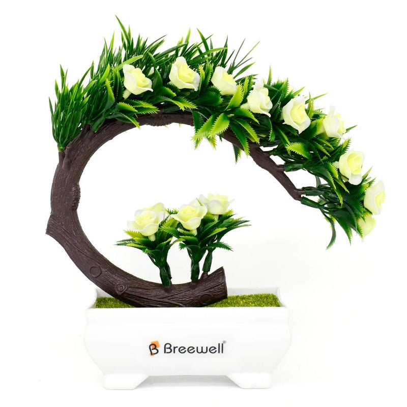 Breewell Artificial Roses Bonsai Flowers with Plastic Pot Green White 1 Piece - Image 3