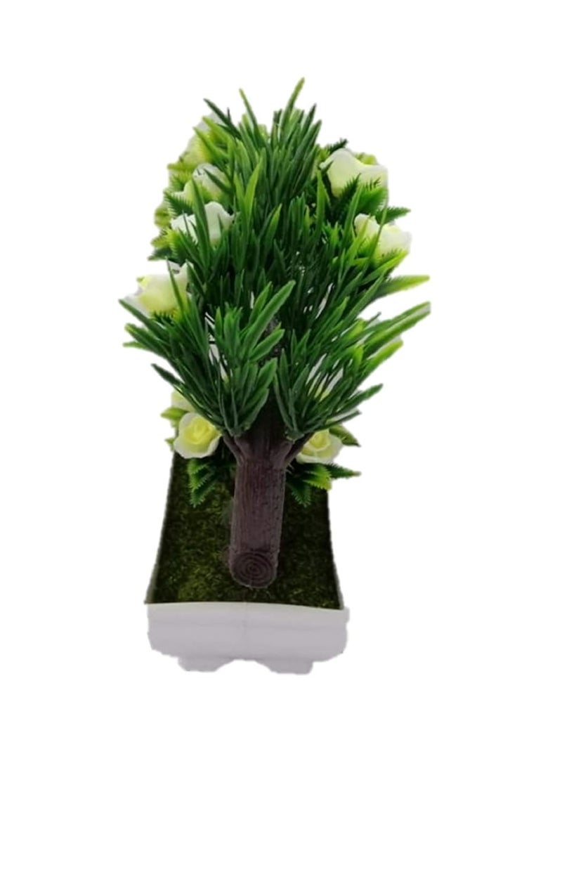 Breewell Artificial Roses Bonsai Flowers with Plastic Pot Green White 1 Piece - Image 4