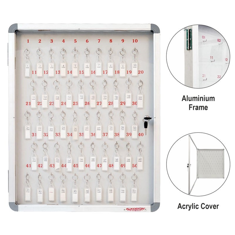 ALKOSIGN Key Cabinet for 50 KeyChains with Laminated Back and Steel Fitted Hooks Key Manager Key Storage Key Box Large Key Holder Key Organizer for Industrial Use Factories Offices Hotels - Image 4