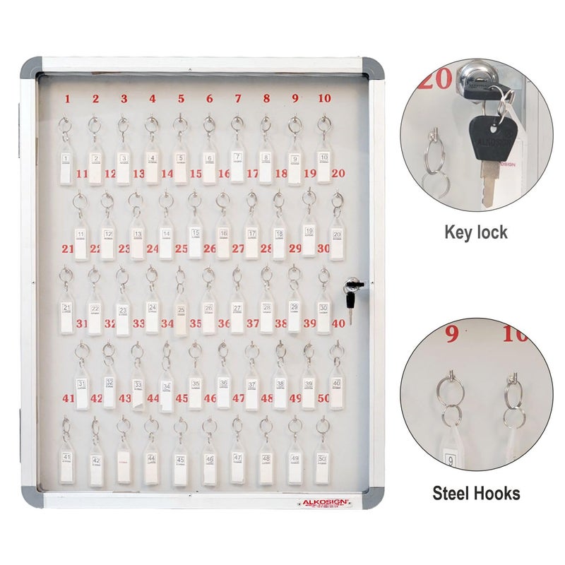ALKOSIGN Key Cabinet for 50 KeyChains with Laminated Back and Steel Fitted Hooks Key Manager Key Storage Key Box Large Key Holder Key Organizer for Industrial Use Factories Offices Hotels - Image 5