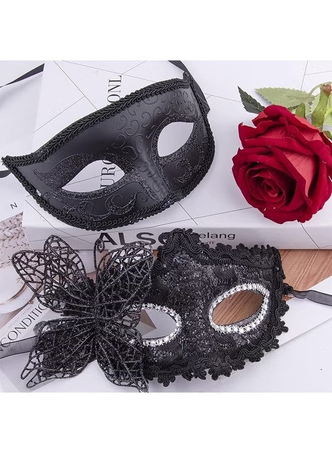 Happy D 2 Pcs Couple Masquerade Mask Set Venetian Party Mask Mardi Gras Mask Costume Mask Fancy Dress Mask for Women Men (Black) - Image 4