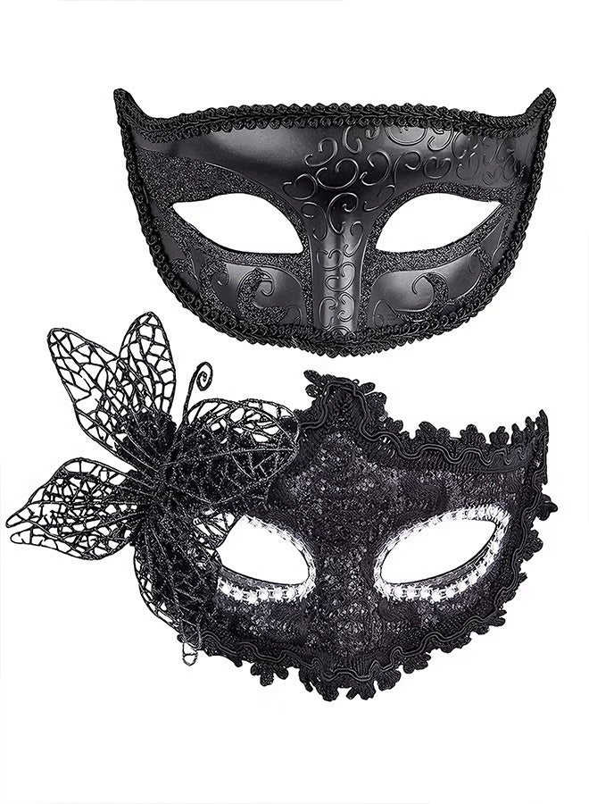 Happy D 2 Pcs Couple Masquerade Mask Set Venetian Party Mask Mardi Gras Mask Costume Mask Fancy Dress Mask for Women Men (Black) - Image 1