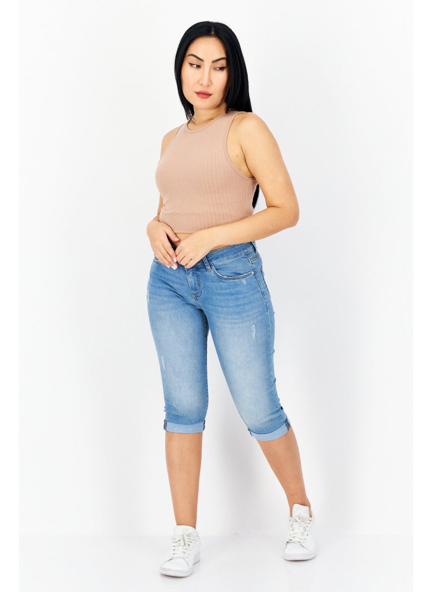 Zero Women Regular Fit Washed Stretchable Denim Capri Jean, Blue  - Image 4