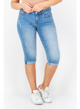 Zero Women Regular Fit Washed Stretchable Denim Capri Jean, Blue  - Image 1