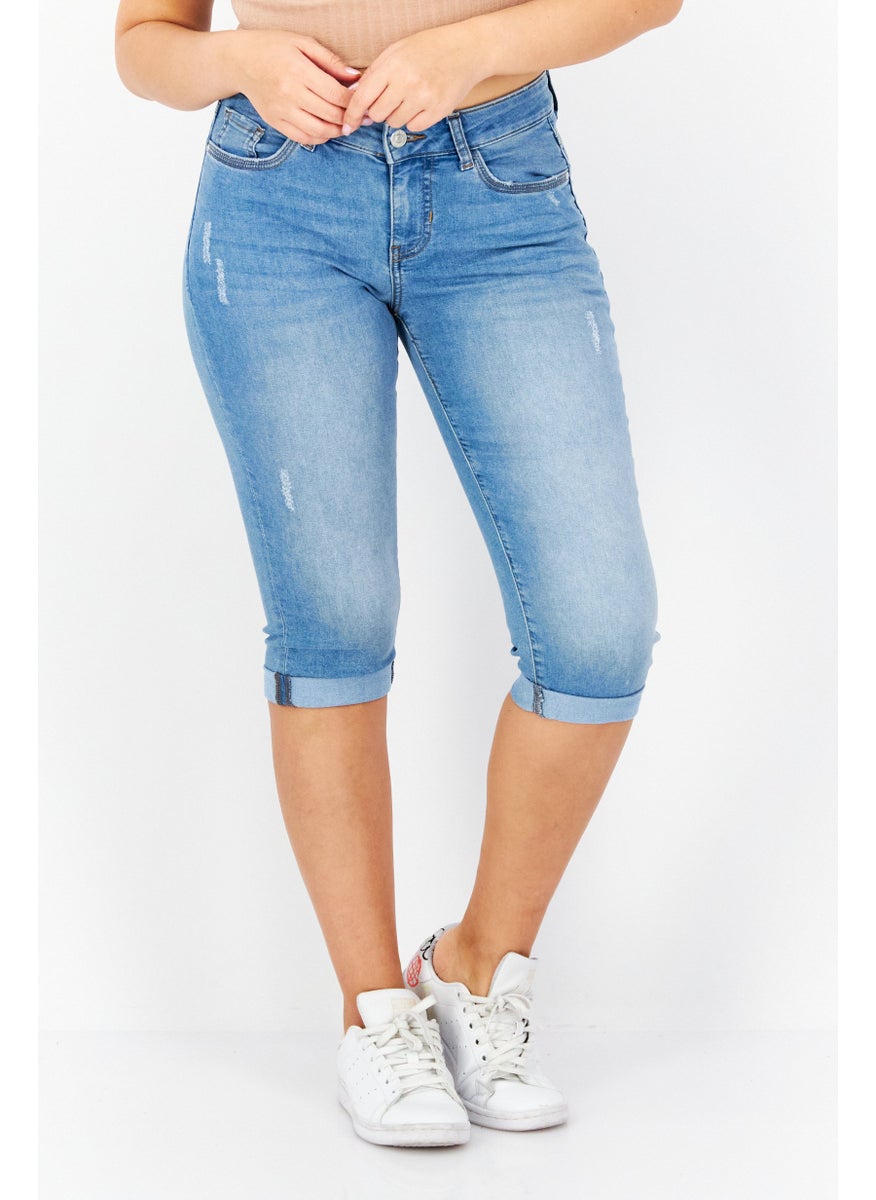 Zero Women Regular Fit Washed Stretchable Denim Capri Jean, Blue  - Image 1