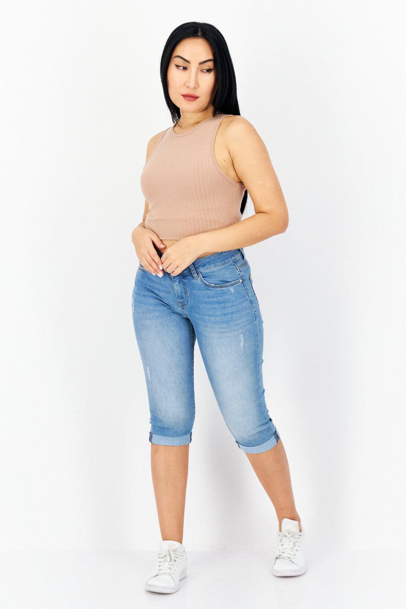 Zero Women Regular Fit Washed Stretchable Denim Capri Jeans, Blue - Image 4