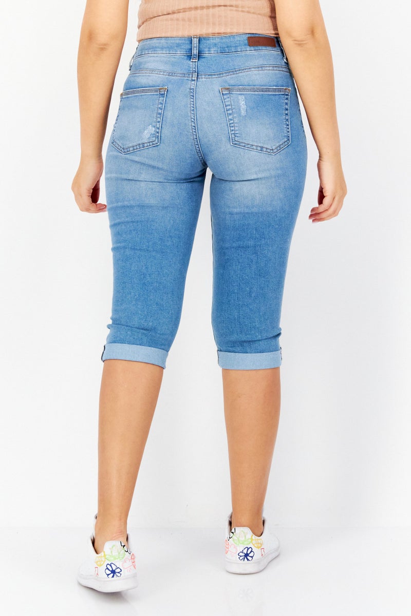 Zero Women Regular Fit Washed Stretchable Denim Capri Jeans, Blue - Image 2