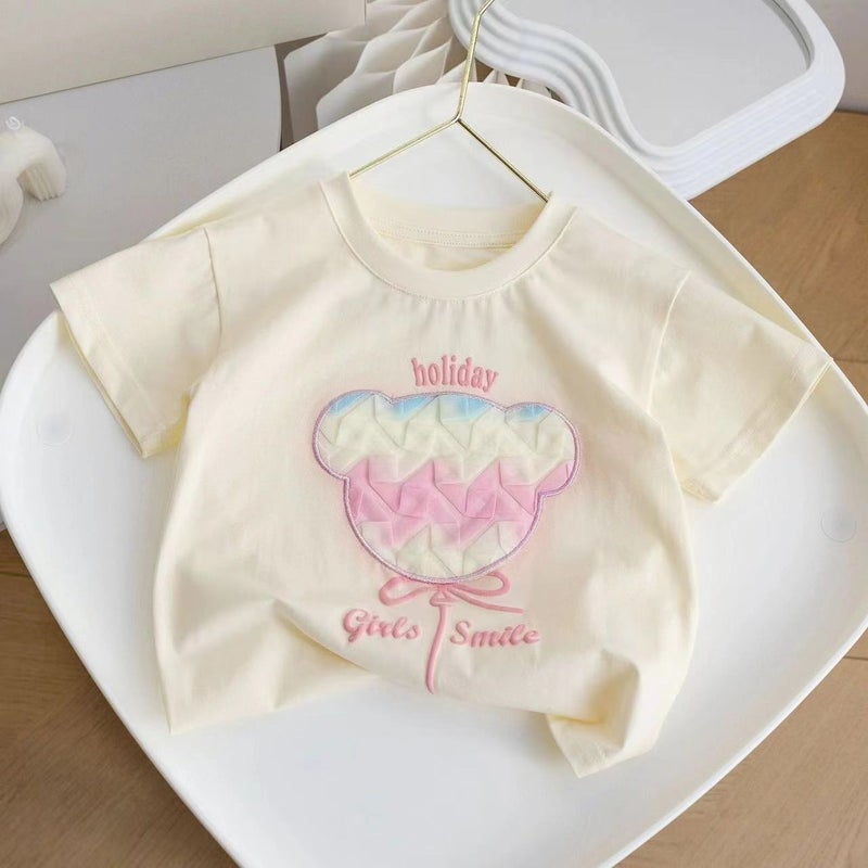 Summer Girls Cartoon Cotton Short-Sleeved Little Bear Little Girl Stylish Sweet T-Shirt Cute Half-Sleeved - Image 1