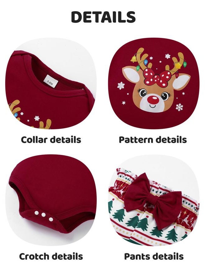 DISAUR Baby Girls Clothes Newborn Infant Baby Girls Outfit Long Sleeve Ruffle Romper Floral Pants Headband Sets 0-18 Months, A Christmas Red, 0-3 Months - Image 2
