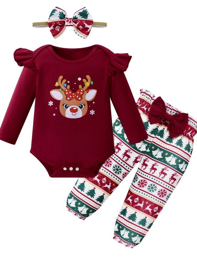 DISAUR Baby Girls Clothes Newborn Infant Baby Girls Outfit Long Sleeve Ruffle Romper Floral Pants Headband Sets 0-18 Months, A Christmas Red, 0-3 Months - Image 1