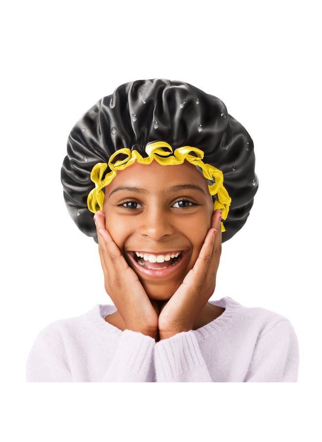 mikimini Small Black Shower Caps for Child 2 Packs, Double Layers Waterproof Bathing Hair Cap with Reusable Soft Comfortable PEVA Lining, Cute, Non-fading & Stretchy Shower Hat  - Image 1