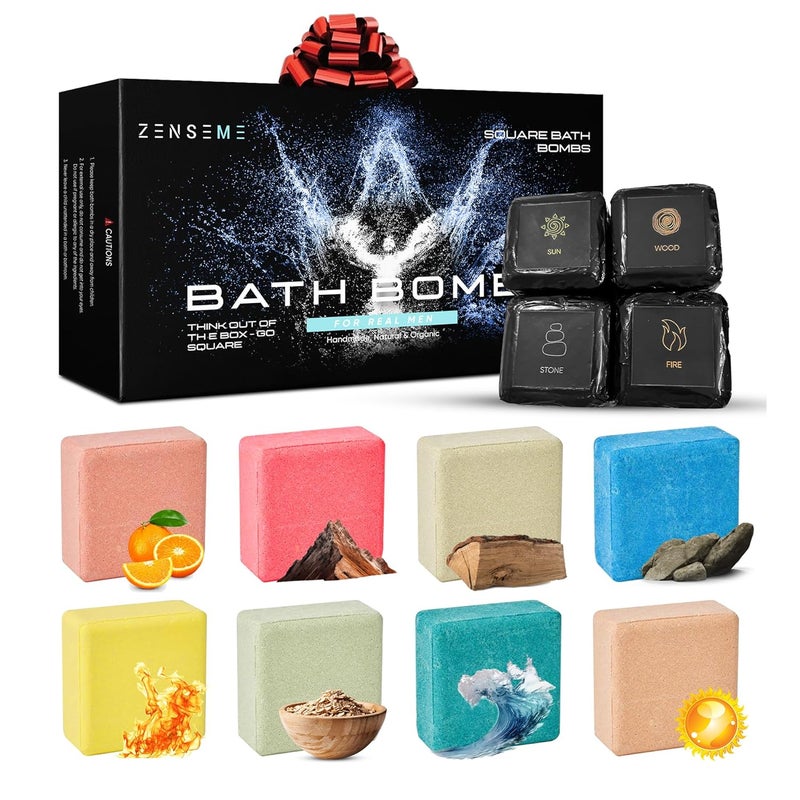 Bath Bombs for Men  Gift Set of 8 Scented Organic Handmade Natural Bath Bombs of 25 oz wNatural Essential Oils Unique Extra Strength Manly Scents for Boyfriend Husband Father  Square Shape